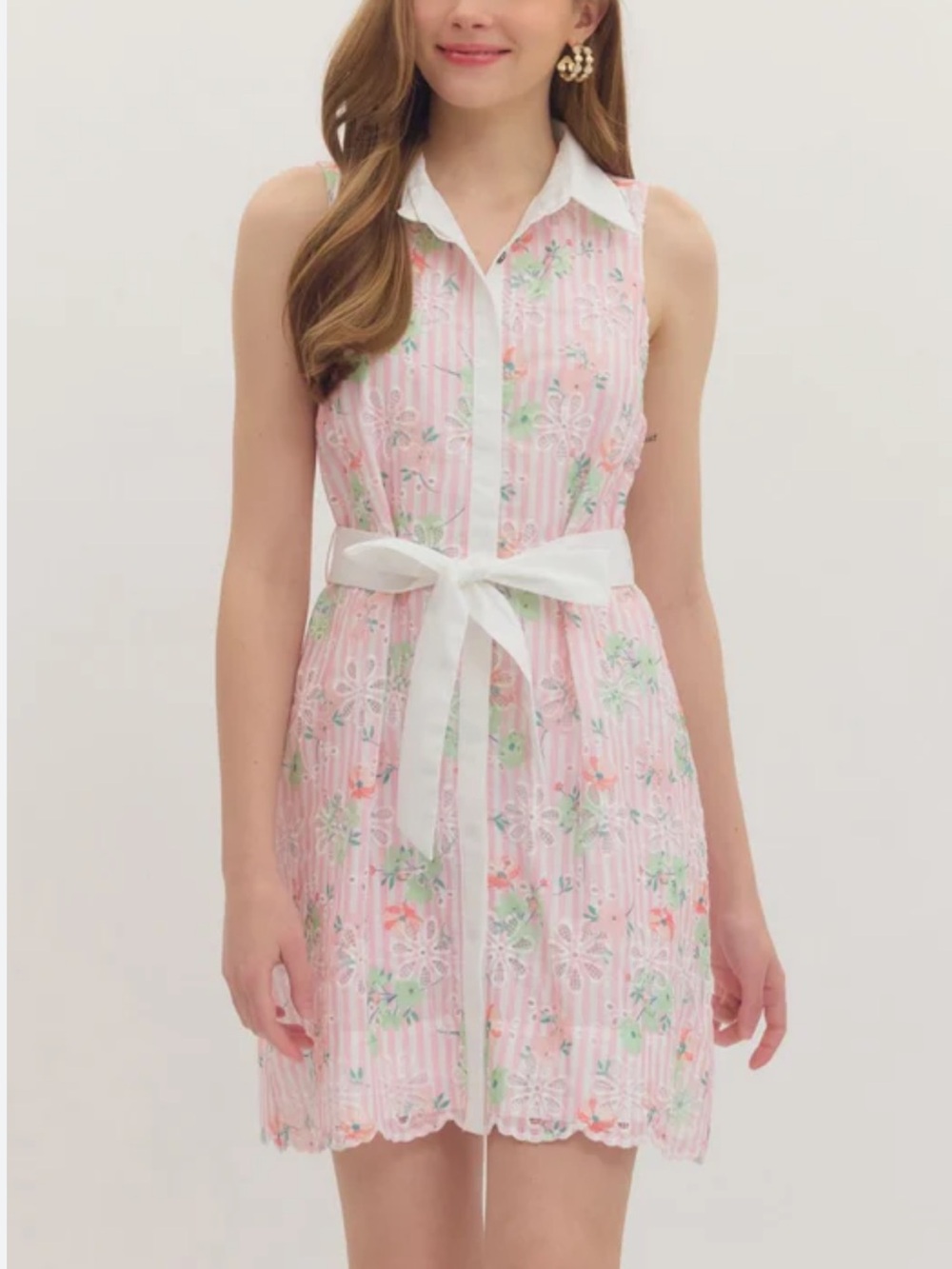New pastel green and white striped floral bow collared dress